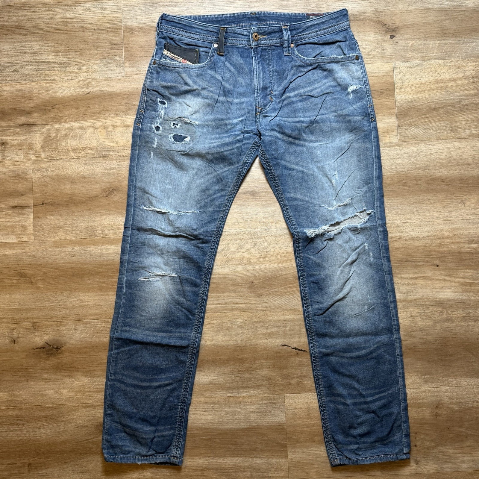 Diesel Jogg Jeans Men 30x30 Blue Thavar-Ne Slim Skinny Fit Destroy Patched 0604n